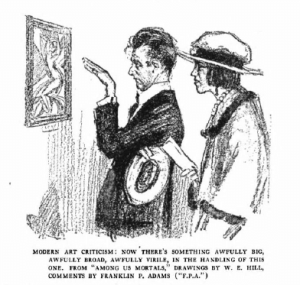 W.E. Hill cartoon showing man standing in front of modern painting talking pretentiously to woman.