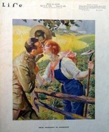 1918 Life magazine cover, farmerette kissing soldier in field.
