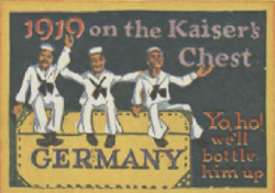 Sticker reading 1919 on the Kaiser's Chest with picture of happy sailors sitting on a chest.