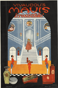 1919 Mavis perfume ad, woman on stairs in mansion, footmen.