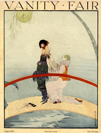 Vanity Fair cover, August 1919, Ruth Sener, harlequin and woman on bridge.