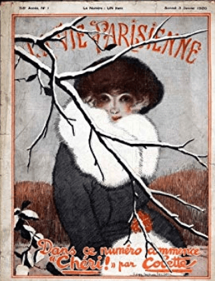 La Vie Parisienne cover, January 1920, woman in fur behind snowy branch.