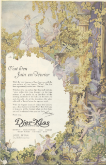 Djer-Kiss perfume ad, fairies in fantastical setting, Ladies' Home Journal, 1920.