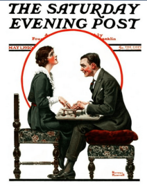 Saturday Evening Post cover, Norman Rockwell, May 1, 1920, man and woman at Ouija board.