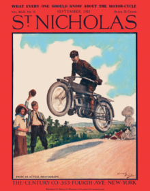 St. Nicholas magazine cover, September 1915, Norman Price, motorcycle stunts.