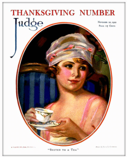 Edna Crompton Thanksgiving Judge magazine cover, 1920, woman holding teacup.