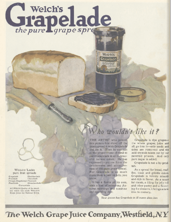 Welch Grapelade ad, Ladies' Home Journal, January 1921, grape jam on white bread.