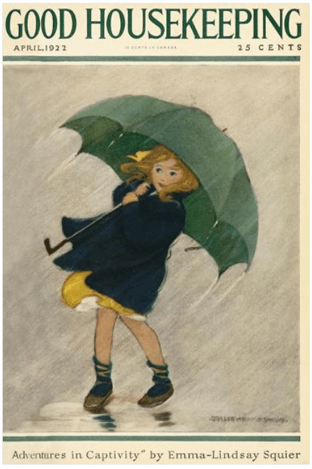 Jessie Willcox Smith Good Housekeeping April 1922 cover, girl with green umbrella in rain.